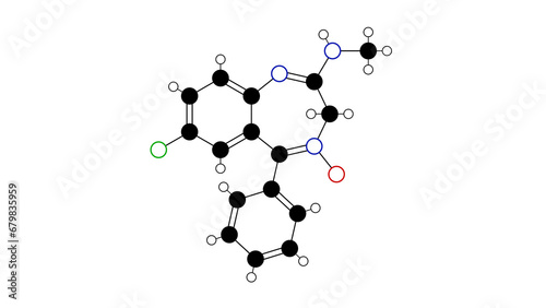 chlordiazepoxide molecule, structural chemical formula, ball-and-stick model, isolated image benzodiazepine