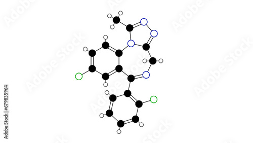 triazolam molecule, structural chemical formula, ball-and-stick model, isolated image benzodiazepines