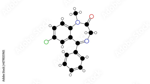 diazepam molecule, structural chemical formula, ball-and-stick model, isolated image benzodiazepine