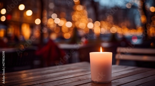 Lit up candle at an outdoor table of a restaurant in winter, cosy atmosphere, selective focus, bokeh