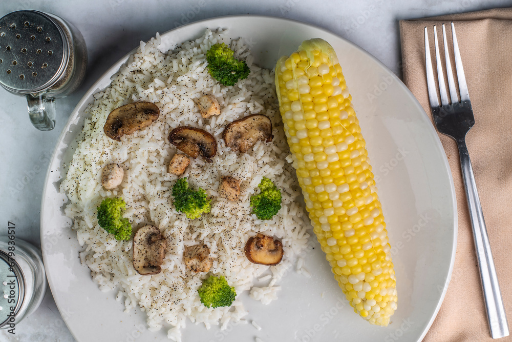 rice top with broccoli mushrooms and chicken, rice top with broccoli mushrooms and chicken,