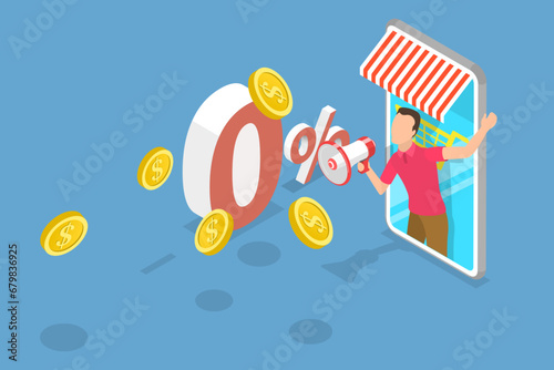 3D Isometric Flat Vector Illustration of Zero Percent Interest Rate, Making Promotion