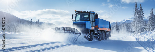 A snowplow removes snow from the road during a winter snowstorm or after a snowfall. The work of city services during a snowstorm and snow removal photo