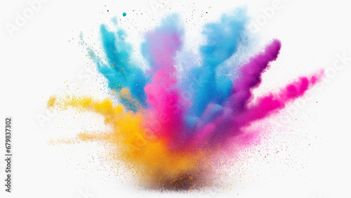 Vibrant eruption of colored powder on white background. Generative AI