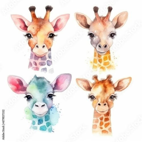 Funny cute giraffe of watercolors on white background