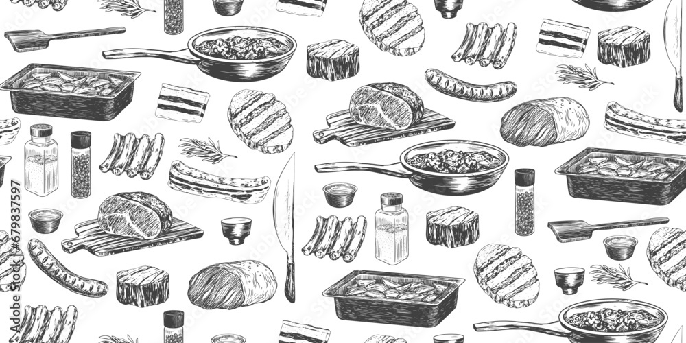Seamless pattern with kitchen utensils and fried meat. Sketch style roast beef on cutting board. Sausage, speck, steak, lamb ribs. Engraving style baking sheet, frying pan, knife, spice jars on white
