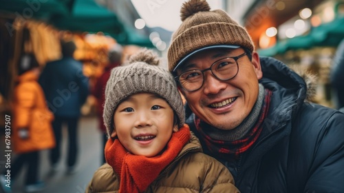 Joyful Asian father with his son strolling in the city during a winter day's Christmas market.