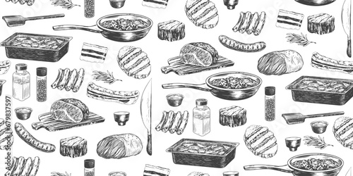 Seamless pattern with kitchen utensils and fried meat. Sketch style roast beef on cutting board. Sausage, speck, steak, lamb ribs. Engraving style baking sheet, frying pan, knife, spice jars on white photo