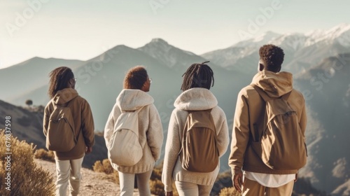 A group of young individuals enjoys a mountain hike with a refreshing break.