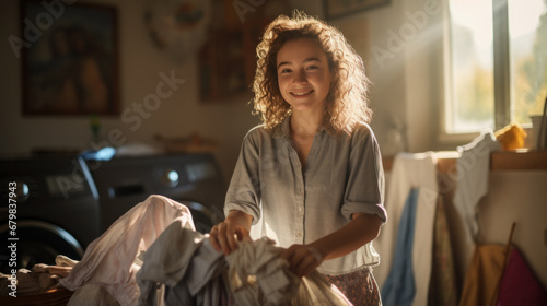 Young woman with clean laundry at home photo