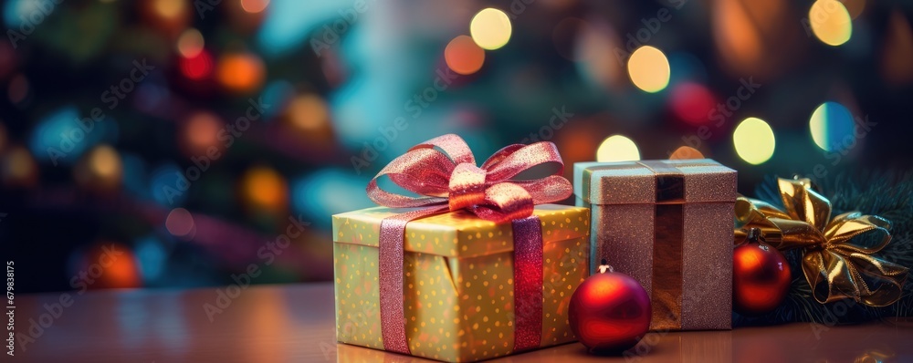 Perfect christmas presents banner with colorful gifts, bokeh panorama. Generative Ai