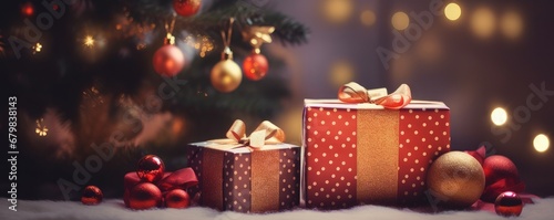 Perfect christmas presents banner with colorful gifts  bokeh panorama. Generative Ai