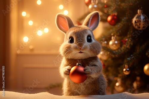 Bunny with Christmas decoration. New Year's bunny. Generative AI
