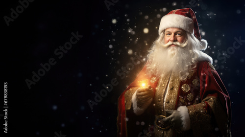 portrait of a cheerful Santa Claus, new year, christmas, symbol, eve, celebration, holiday, postcard, Saint Nicholas, face, eyes, beard, hat, red suit, snow, lights, magic, fairy tale, black, winter