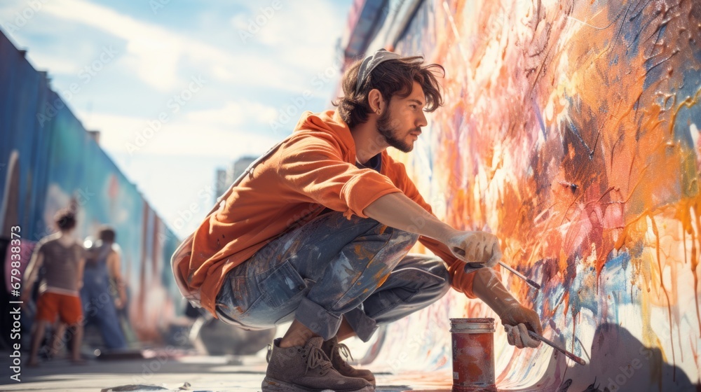Photo of a teenager creating a vibrant graffiti mural on an urban wall, showcasing their artistic expression, wearing a street-art-inspired outfit, with the area brightly lit in high-key
