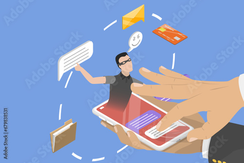 3D Isometric Flat Vector Illustration of Cyber Fraud In Messenger, Smishing, SMS Phishing