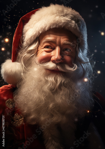 portrait of a cheerful Santa Claus, new year, christmas, symbol, eve, celebration, holiday, postcard, Saint Nicholas, face, eyes, beard, hat, red suit, snow, lights, magic, fairy tale, black, winter