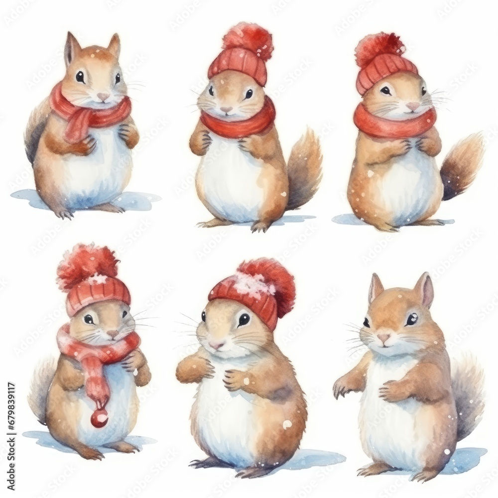 set Funny cute Christmas squirrel and chipmunk of watercolors on white background
