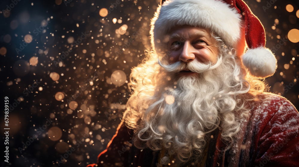 portrait of a cheerful Santa Claus, new year, christmas, symbol, eve, celebration, holiday, postcard, Saint Nicholas, face, eyes, beard, hat, red suit, snow, lights, magic, fairy tale, black, winter portrait of a cheerful Santa Claus, new year, christmas, symbol, eve, celebration, holiday, postcard, Saint Nicholas, face, eyes, beard, hat, red suit, snow, lights, magic, fairy tale, black, winter