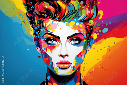 Pop portrait of a woman with colorful hair and painterly splashes of pride.