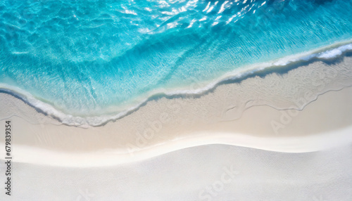 abstract white sand beach with transparent water wave from above background concept banner for summer vacation holidays with space for text or product presentation