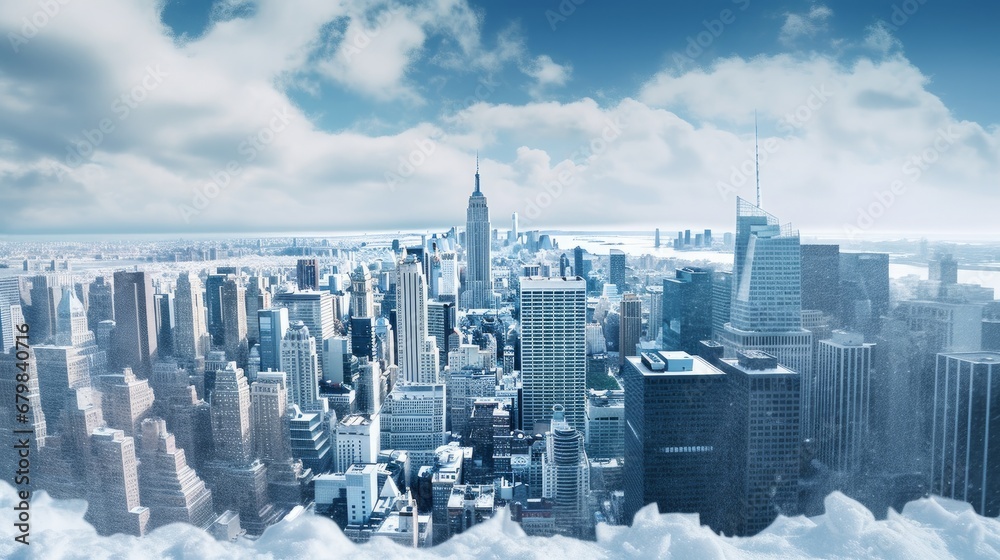 Snow in Big City - fantastic image, skyline with urban skyscrapers