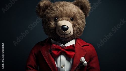 A teddy bear with a heart-shaped bowtie, "Love is my style."