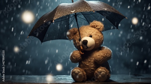 A teddy bear with a heart-shaped umbrella, 