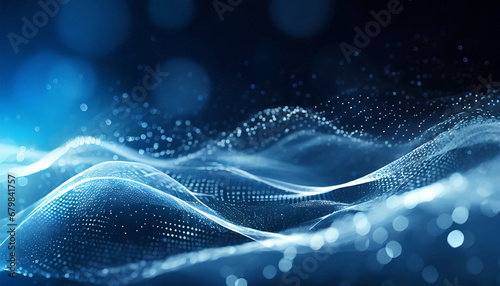 abstract blue color digital particles wave with bokeh and light background © joesph