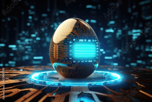 Techno egg. Cybernetic electronic egg of future. Happy Easter.