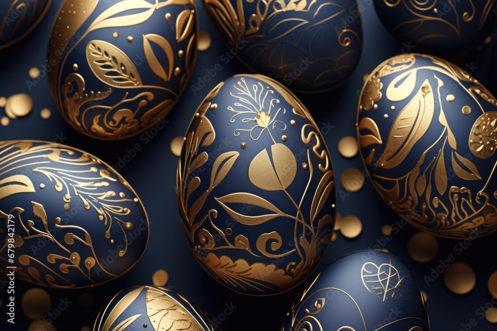 Dark blue Easter eggs with handmade gold pattern. Hand-painted eggs. Trend. concept of a happy Easter. Dark blue Easter eggs with handmade gold pattern. Hand-painted eggs. Trend. concept of a happy Easter.