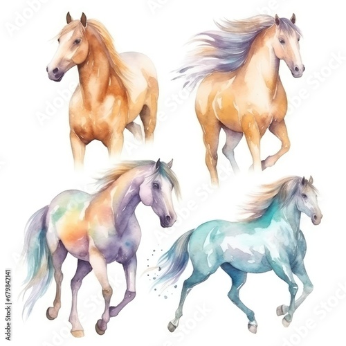 set Funny cute horse racers of watercolors on white background © Nikolai