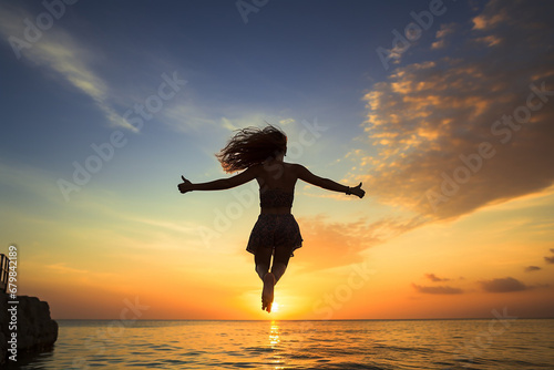 Joyful Leap  Young Woman Enjoying Vacation by Water