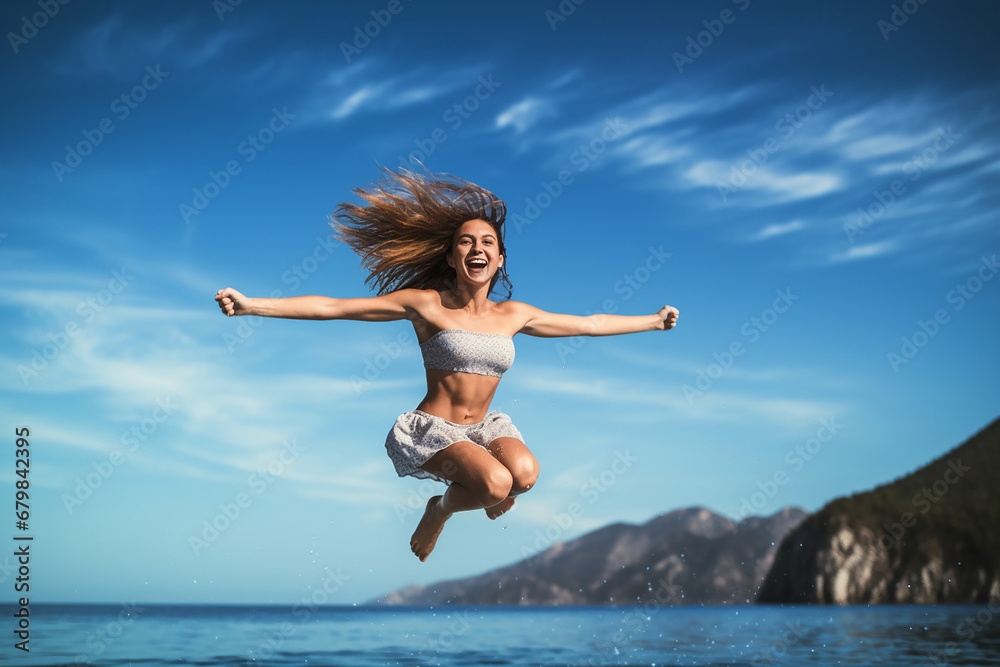 Joyful Leap: Young Woman Enjoying Vacation by Water Joyful Leap: Young Woman Enjoying Vacation by Water