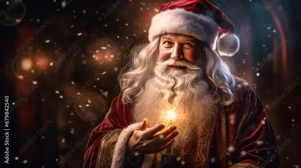 Fototapeta premium portrait of a cheerful Santa Claus, new year, christmas, symbol, eve, celebration, holiday, postcard, Saint Nicholas, face, eyes, beard, hat, red suit, snow, lights, magic, fairy tale, black, winter