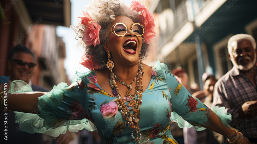 Portrait of a happy laughing elderly African-American woman in bright eccentric clothes at a street carnival in a southern town