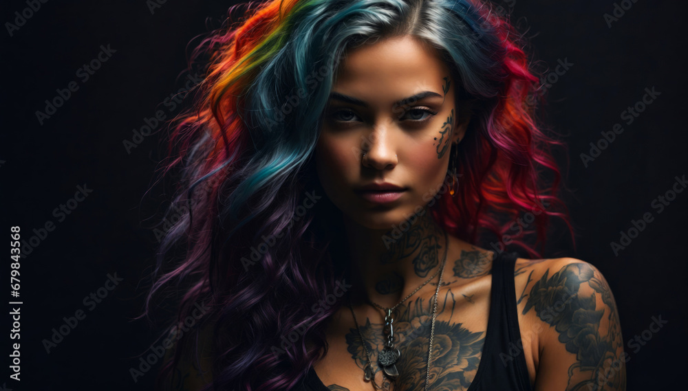 A beautiful woman with colorful hair and tattoos on her body and face.