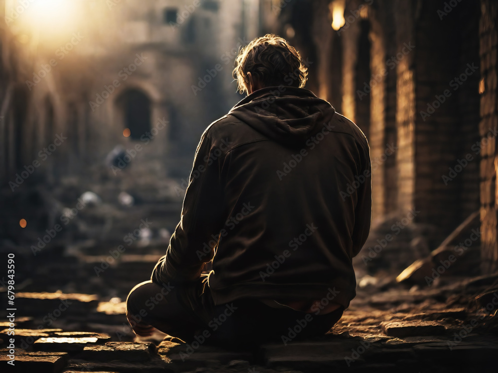 Devastated man dropping down and crying on ruins of his town, war and destruction concept, generative ai illustration Devastated man dropping down and crying on ruins of his town, war and destruction concept, generative ai illustration