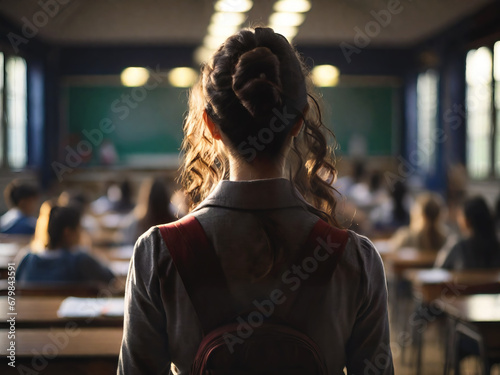 New schoolgirl in class, rear view, generative ai illustration