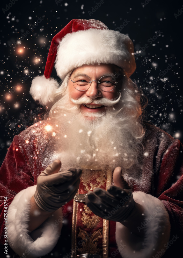 portrait of a cheerful Santa Claus, new year, christmas, symbol, eve, celebration, holiday, postcard, Saint Nicholas, face, eyes, beard, hat, red suit, snow, lights, magic, fairy tale, black, winter portrait of a cheerful Santa Claus, new year, christmas, symbol, eve, celebration, holiday, postcard, Saint Nicholas, face, eyes, beard, hat, red suit, snow, lights, magic, fairy tale, black, winter