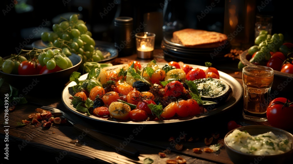 Traditional Greek salad with tomatoes, feta cheese and olive