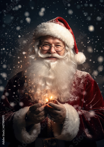 portrait of a cheerful Santa Claus, new year, christmas, symbol, eve, celebration, holiday, postcard, Saint Nicholas, face, eyes, beard, hat, red suit, snow, lights, magic, fairy tale, black, winter