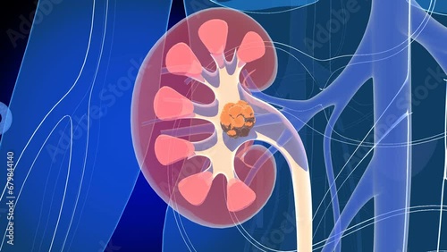 Anatomical 3D animation of the interior of the kidney showing kidney stones. And the action of disintegrating them with treatment into smaller stones and being evacuated through the urethra.