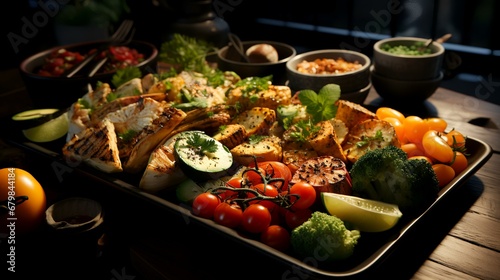 Healthy breakfast with grilled chicken  vegetables and sauce on wooden table