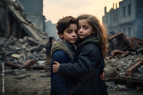 children embraced in great fear for having lost everything in the war,