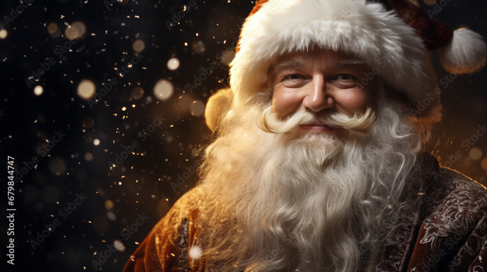 portrait of a cheerful Santa Claus, new year, christmas, symbol, eve, celebration, holiday, postcard, Saint Nicholas, face, eyes, beard, hat, red suit, snow, lights, magic, fairy tale, black, winter portrait of a cheerful Santa Claus, new year, christmas, symbol, eve, celebration, holiday, postcard, Saint Nicholas, face, eyes, beard, hat, red suit, snow, lights, magic, fairy tale, black, winter