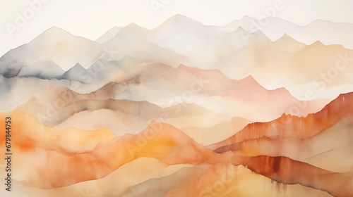 A Japanese-inspired watercolor painting features a mountain range and sand dunes in a golden sunset. High quality illustration. photo