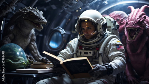 An astronaut reads a book surrounded by aliens.