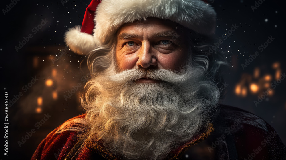 portrait of a cheerful Santa Claus, new year, christmas, symbol, eve, celebration, holiday, postcard, Saint Nicholas, face, eyes, beard, hat, red suit, snow, lights, magic, fairy tale, black, winter