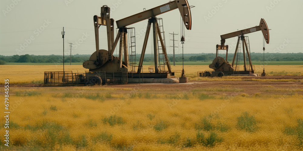 Extraction pumps in an oil field at dusk. Generative AI. Extraction pumps in an oil field at dusk. Generative AI.